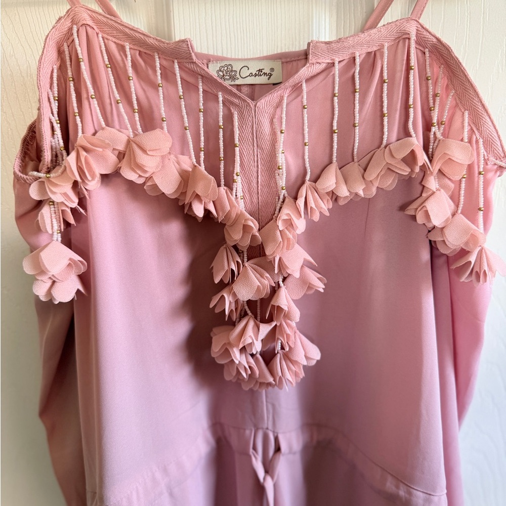 Pink Off The Shoulder Beaded Floral Mini Dress